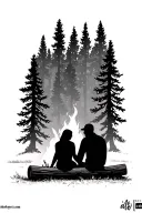 silhouette of mom and dad sitting back on a log in front of a fire with a background of a forest filled with pine treeS tattoo design idea