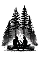 silhouette of mom and dad sitting back on a log in front of a fire with a background of a forest filled with pine treeS tattoo design idea