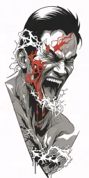half man half devil screaming wearing oni mask fighting off inner demons drowning tattoo design idea