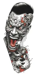 half man half devil screaming wearing oni mask fighting off inner demons drowning tattoo design idea