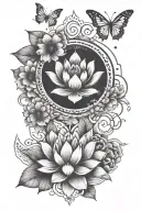 unalome symbol with lotus flowers, butterflies, books, yoga, Taurus sun, Aries moon, cancer raising  tattoo design idea