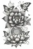 unalome symbol with lotus flowers, butterflies, books, yoga, Taurus sun, Aries moon, cancer raising  tattoo design idea