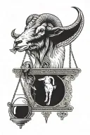 goat head with balance scales number 33 44  on each side of the scales, 8 in the middle of the scales  tattoo design idea