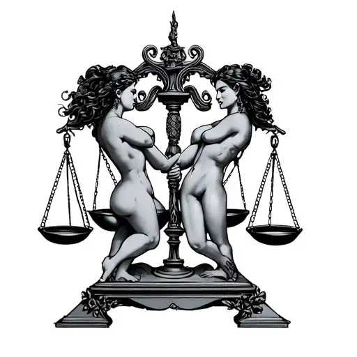 gemini twins on tilting libra scales tattoo design idea