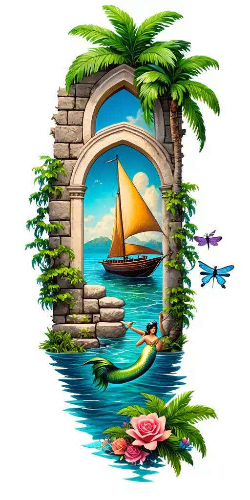 aim cent stone wall with arch windows and palm trees with a sailboat and dragonflies and a mermaid  tattoo design idea