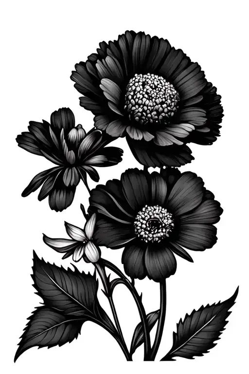carnation, snowdrop, marigold and cosmos flowers tattoo design idea