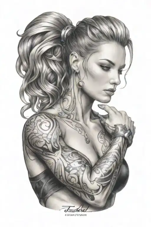 bodybuilding muscled women with technology circuits merging tattoo design idea