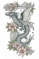 wyvern surrounded by vivid flowers with 13 stars and books tattoo design idea