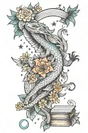 wyvern surrounded by vivid flowers with 13 stars and books tattoo design idea