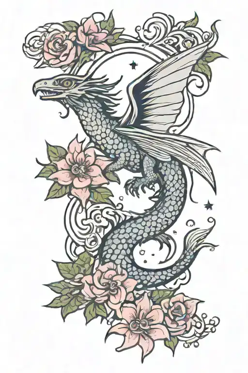 wyvern surrounded by vivid flowers with 13 stars and books tattoo design idea