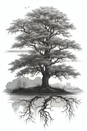 A serene landscape with a solitary tree standing tall, representing the beauty of solitude and self-reflection tattoo design idea