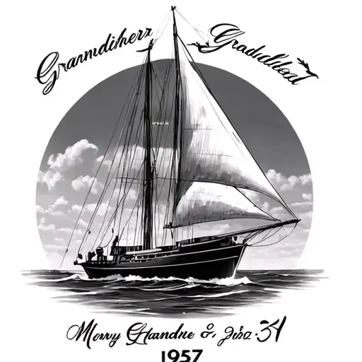 a sailboat with the years 1954 and 1957 written clearly in memory of my grandmother and grandfather in realistic style tattoo design idea
