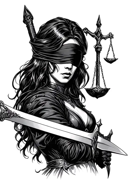 I want a justice lady tattoo. I want her blindfold to be half open as if she is peeking. I want her sword to be broker/c tattoo design idea