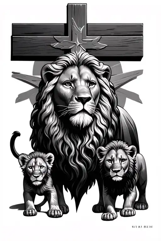 jesus cross male lion underneath then 2 lion cubs underneath the male lion tattoo design idea