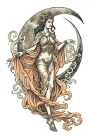 wisdom goddess full body standing flowing robe sexy moon tattoo design idea