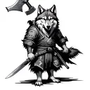 Wolf standing in Ronin's outfit with a long ax with a double -edged sword tattoo design idea