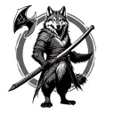 Wolf standing in Ronin's outfit with a long ax with a double -edged sword tattoo design idea