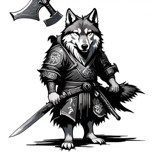 Wolf standing in Ronin's outfit with a long ax with a double -edged sword tattoo design idea