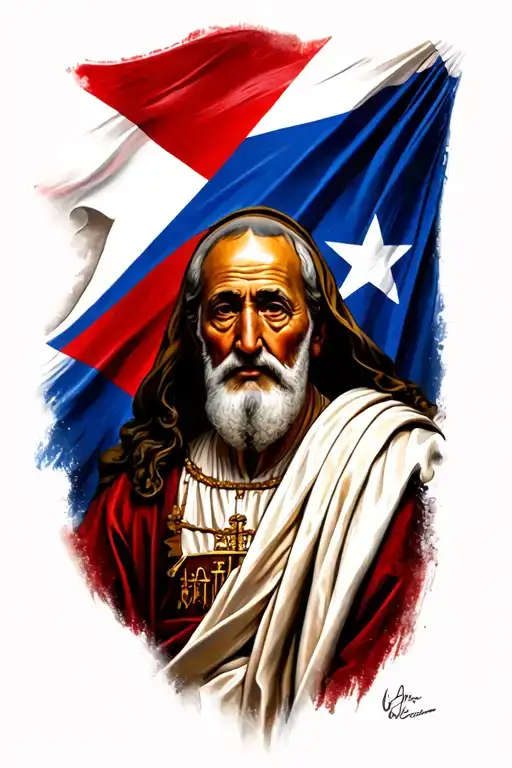 realistic tattoo of older st francis of assasi with the puerto rican flag in the background tattoo design idea