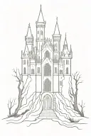 haotic gothic big castle cathedral hell curved distorted castle with blood with  roots CURVED LINES stair roots blood  tattoo design idea