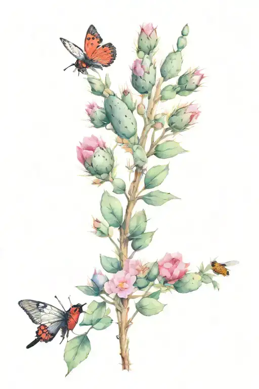 Prickly pear catcus, a cardinal, a coreopsis, a wild rose, and a honeybee tattoo design idea