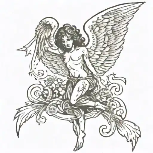 I want an angry angel standing and also a devil, looking handsome and beautiful, an artistic angel in the style of falle tattoo design idea