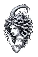 make me an arm sleeve design with Medusa holding a  head, Achelois, Circe, Elpis, The Graces tattoo design idea