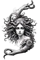 make me an arm sleeve design with Medusa holding a  head, Achelois, Circe, Elpis, The Graces tattoo design idea