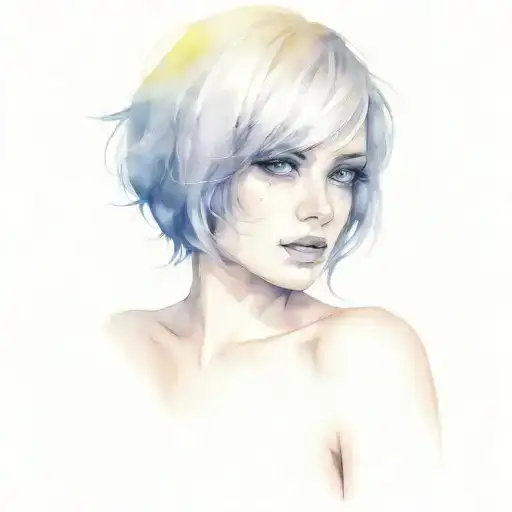 Sexy girl, Huge boobs, cleavage, petite, pure white eyes, torn clothing, short white bob hairstyle, waist up view tattoo design idea