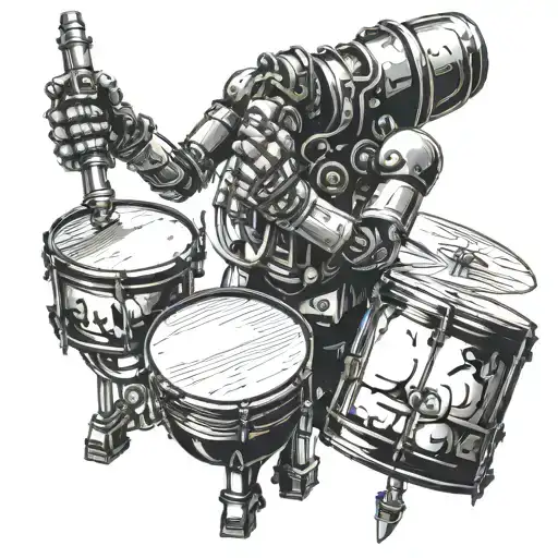 A mechanical robotic arm playing a set of drums amidst tattoo design idea