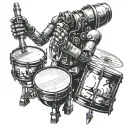 A mechanical robotic arm playing a set of drums amidst tattoo design idea