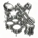 A mechanical robotic arm playing a set of drums amidst tattoo design idea