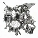 A mechanical robotic arm playing a set of drums amidst tattoo design idea