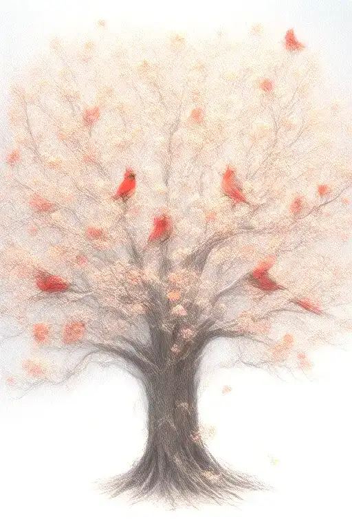 adoption symbol tree with 5 cardinals sitting tattoo design idea