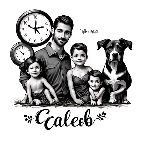 a tattoo containing a husband, wife, 2 boys and a dog with 2 clocks for the boys dates of birth and the name Caleb in 1 tattoo design idea