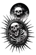 Skeletal creature fused to spiked wheel, broken bones, fog, screaming skull, surreal horror, Beksiński style. tattoo design idea