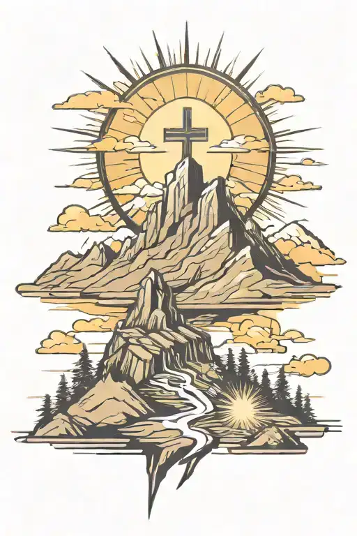 christian cross summit of a mountain landscape ray of sunshine tattoo design idea