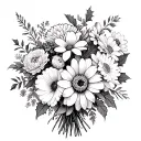 flower bouquet intertwined including carnations, irise, daffodils, daisies, water lilies, cosmos, chrysanthemums, holly tattoo design idea