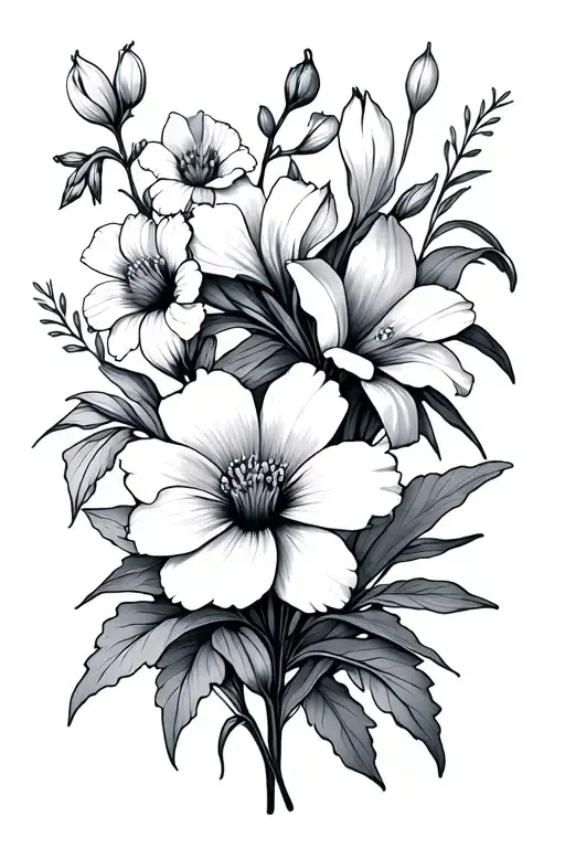 jonquil, cosmos and iris flowers line drawing tattoo design idea