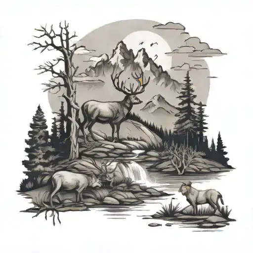a forest with a river and mountains and a deer a bear and a mountain lion sleeve tattoo design idea