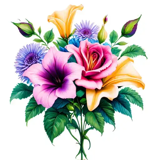 roses, lilies, asters, morning glory tattoo design idea