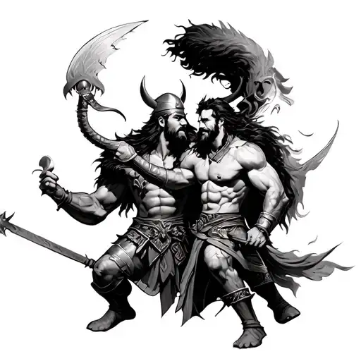 Persian warrior and powerful Viking fighting together  tattoo design idea