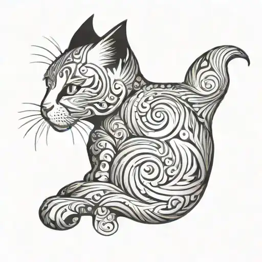 cat curled tail tattoo design idea