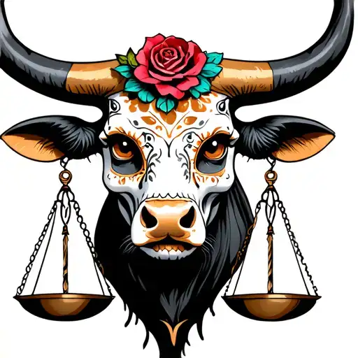 feminine bull with sugar skull markings, brown eyes and two Libra scales and dark background tattoo design idea