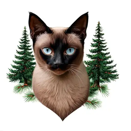 Siamese cat with pine trees background black tattoo design idea