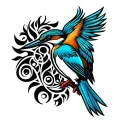 Simple line art design with kingfisher and tribal elelemnts with the tribal all done with a tech flair. No colour. Line  tattoo design idea