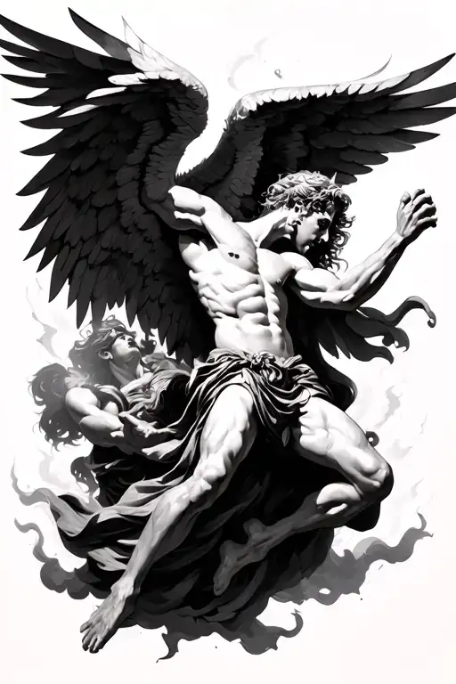 angel fighting against lucifer falling. with feathered wings tattoo design idea
