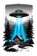 ufo with blue beam over a small cabin in the woods tattoo design idea