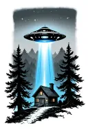ufo with blue beam over a small cabin in the woods tattoo design idea