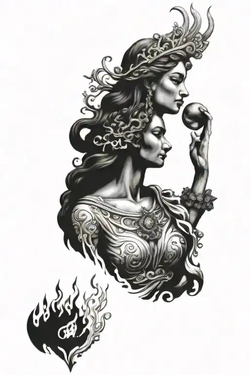 hestia goddess statue with fire tattoo design idea